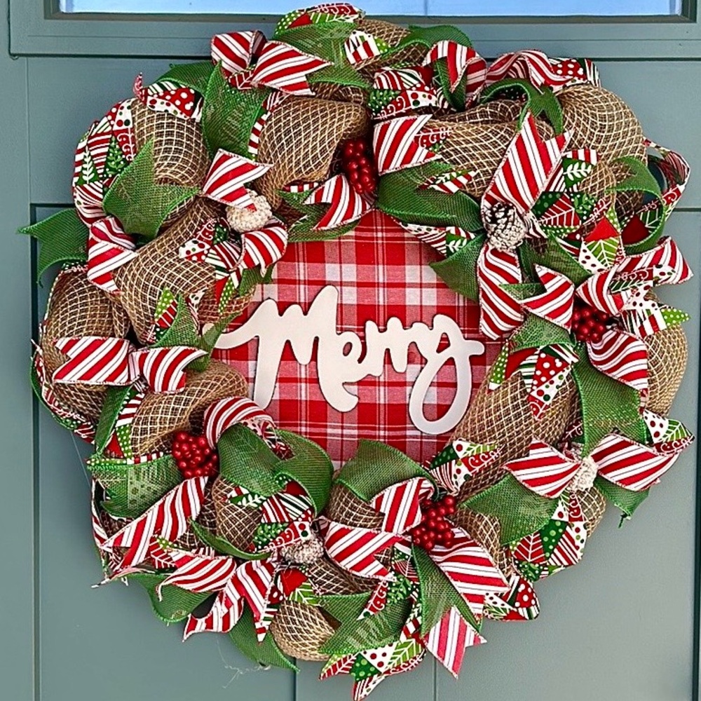 Merry Christmas Wreath Red and White Candy Stripe Burlap Mesh 26 Inch